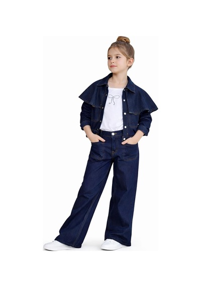 Kız Çocuk 3 Parça Kot Pelerin Detaylı Ceketli Denimtakım 25179 Lacivert