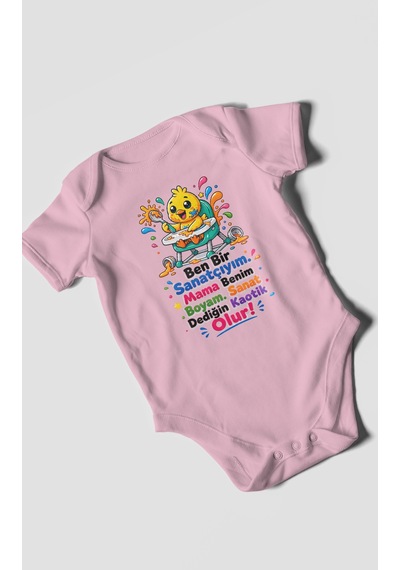 Morivokids Ben Bir Sanatçıyım Yazılı Kısa Kollu Bebek Body %100 Pamuk Koyu Pembe