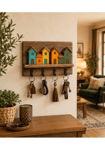 Dekoratif Ahşap Ev Figürlü Anahtarlık Askılığı 20x30 Cm 4 Kancalı Duvar Anahtarlığı Organizer Çok Renkli