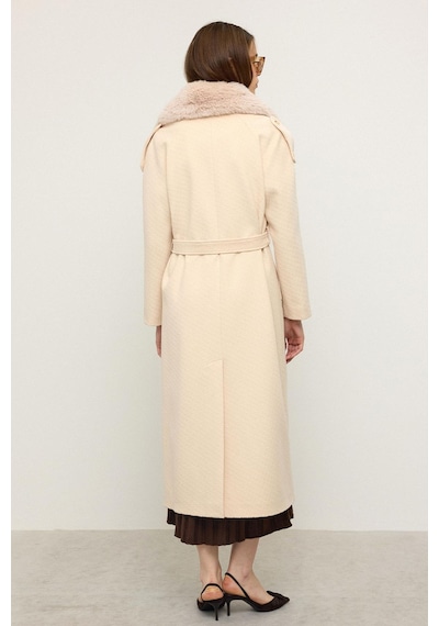Olcay Çıkabilir Kürklü Kendinden Desenli Limited Edition Kaban Krem 3127