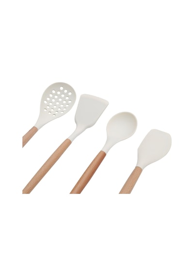 Qerhome 8 Parça Bambu Saplı Silikon Kepçe Spatula Mutfak Seti Krem