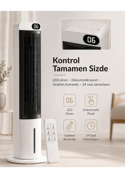 70w Buz Akülü Kule Tipi Vantilatör / Uzaktan Kumandalı / 3l Su Hazneli / 24 Saat Zaman Ayarlı Fan