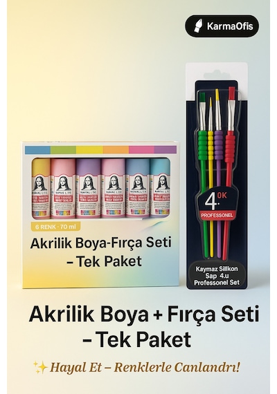 Multi Akrilik Boya İnci Seti 6 70 Ml + Silikon Saplı 4 Lü Fırça Seti Çok Renkli