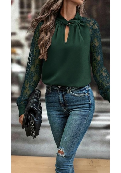 Tua Moda Kadın Uzun Kollu Göğüs Pencere Detay Yaka Boğazlı Kolları Tüllü Sandy Bluz Yeşil