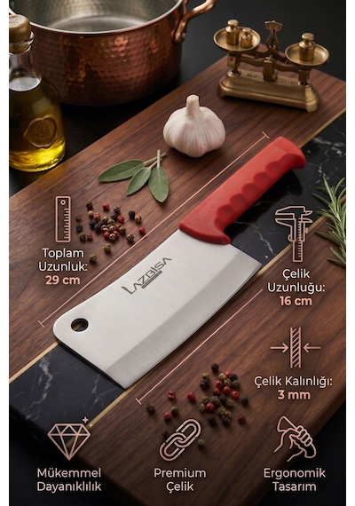 Lazbisa MFP-245 Silver Pro Serisi Mutfak Bıçak Seti 9 Parça Et Ekmek Sebze Soğan Börek Bıçağı Satırı Kırmızı