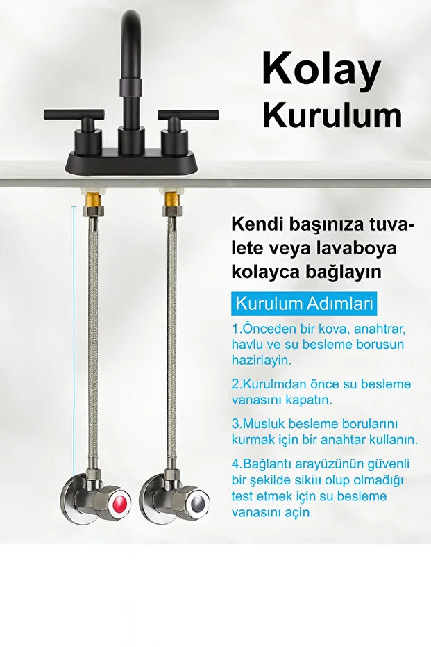 Musluk Bağlantı Hortumu 50 Cm 3/8 X 3/8 Çelik Örgülü 2 Adet Gümüş