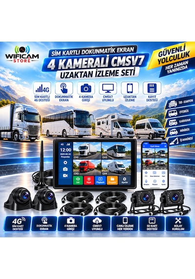 Sim Kart Destekli 4 Kameralı Araç Kamera Seti