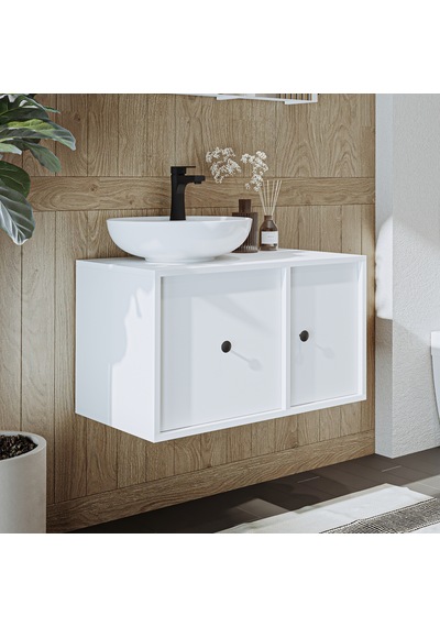Gusto Ayaksız Oval Lavabolu Mdf 75 Cm Çekmeceli Banyo Dolap Beyaz Mat Beyaz