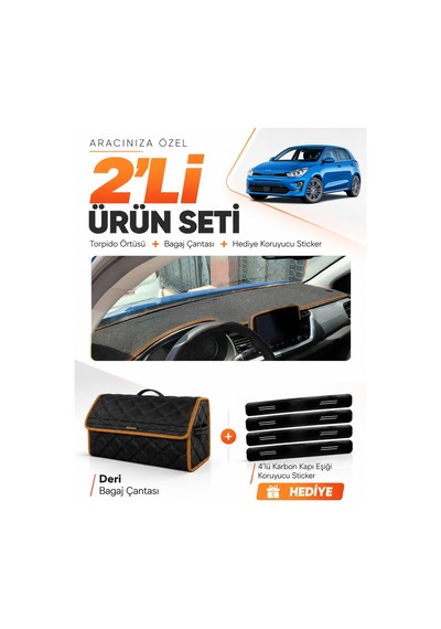 E-biz Kia Rio 2019-2024 Uyumlu Torpido Örtüsü + Deri Bagaj Çantası Seti - Siyah-kahverengi - Kı014