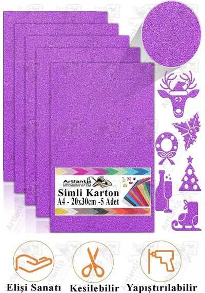 Simli Karton A4 20x30 Cm 5 Li 1 Paket Simli Fon Kartonu Parıltılı Kağıt Anasınıfı Kreş Etkinlik Proje Dekoratif Mor