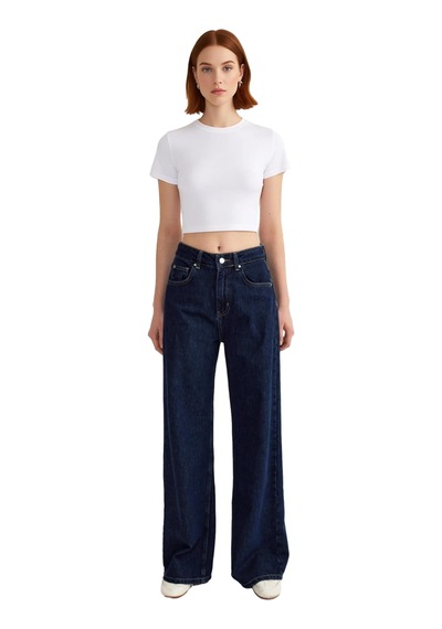 Ersefa Kadın Wide Leg Denim Pantolon Fonksiyonel Dayanıklı Kaliteli Konf Koyu Mavi