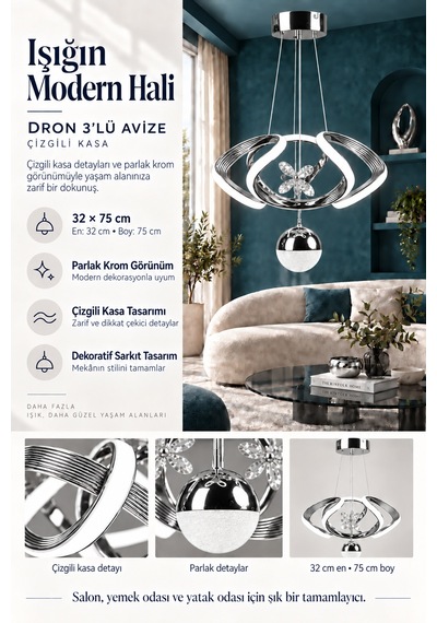 Dron 3 Lü Modern Ledli Avize Çizgili 3 Renk Power Ledli Krom Kaplama Kumandalı Çoçuk Odası Yatak Odası Mutfak
