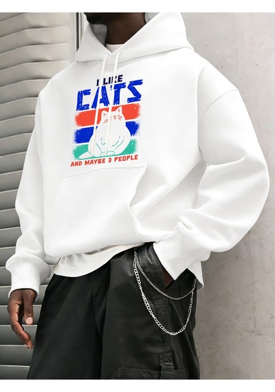 Startmore Startmorekomik Sevimli Kedi Eğlenceli Aşıklar Kedileri Seviyorum Baskılı Erkekler Hoody Moda Gevşek Ka Beyaz