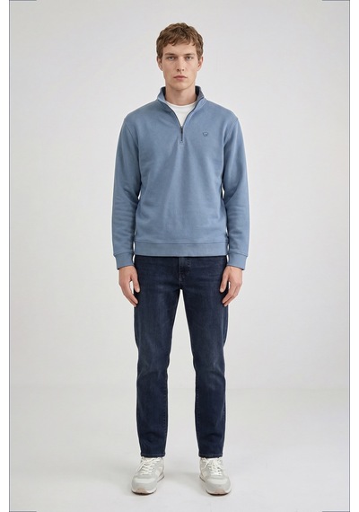 Wrangler Pamuklu Regular Fit Dik Yaka Fermuarlı Selanik Örgü Sweatshirt Mavi
