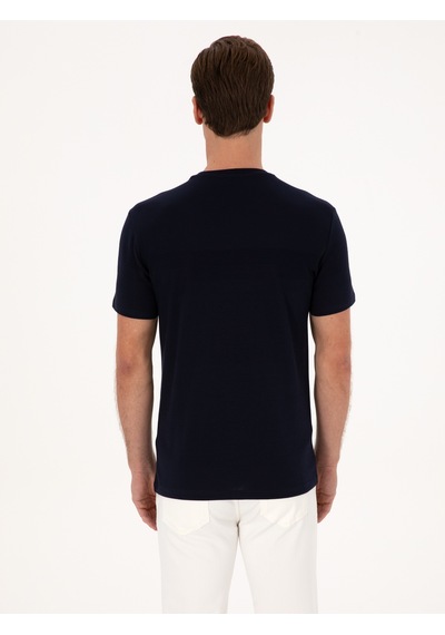 Lacivert Slim Fit %100 Pamuk Bisiklet Yaka Şerit Detaylı T-shirt