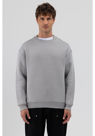 Vamos Basic Bisiklet Yaka Oversize Sweatshirt Açık Gri