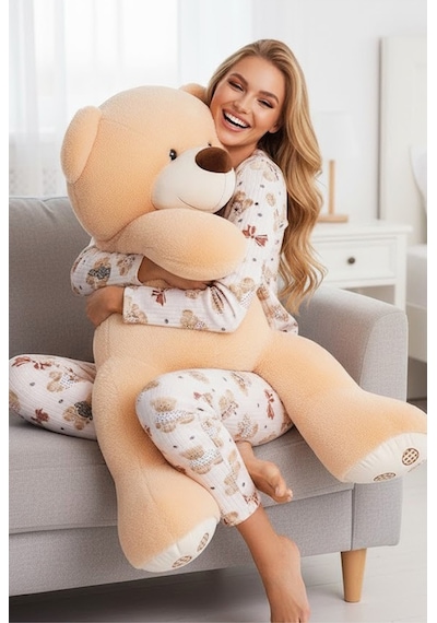 Siyah İnci Yumuşak Tuşe Kışlık Fitilli Pamuklu Örme Pijama Takım 7956 Beyaz Ayıcık