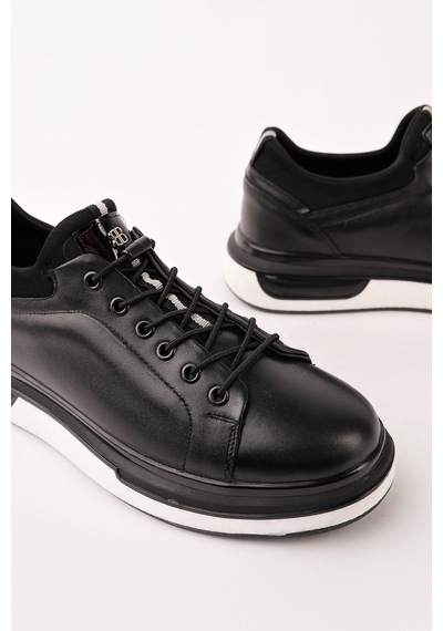Muggo Reid Hakiki Deri Erkek Kalın Taban Bağcıklı Günlük Casual Sneaker Siyah