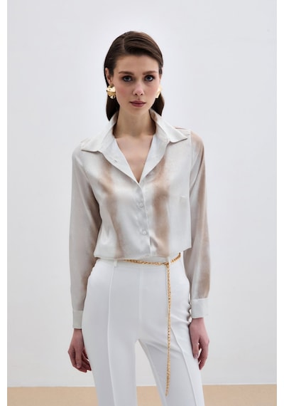 Sateen Desenli Klasik Gömlek - Bej-136004 Bej