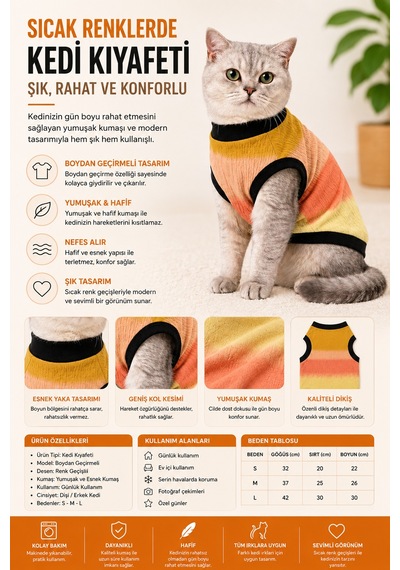 Renk Geçişli Kedi Kıyafeti Boydan Geçirmeli Yumuşak Ve Rahat Kedi Tişörtü