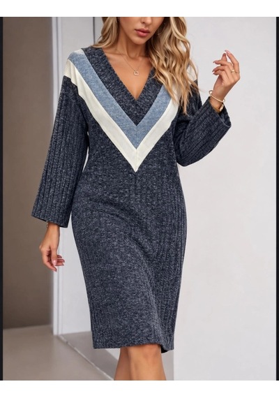 DefyModa Deri Detaylı V Yaka Fitilli Coton Örme Kumaş Elbise Lacivert