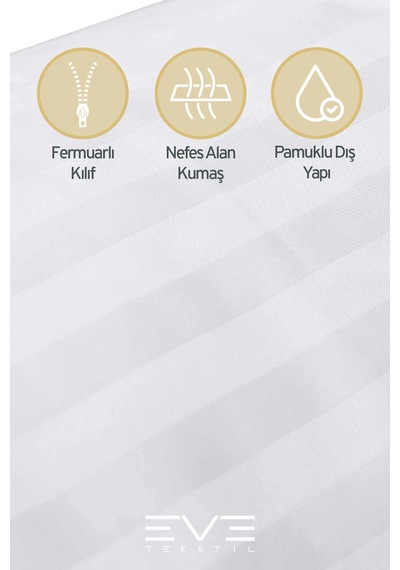 Eve Tekstil  4 Adet Çizgili Pamuk Saten Antibakteriyel Fermuarlı Yıkanabilir Otel Lüks Yastık Kılıfı 50x70cm Beyaz