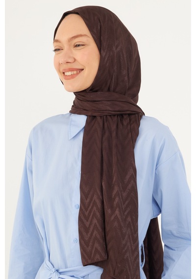 Mirsoy Scarf Zikzak Desen Parlak Jakar Şal - Kahve Kahve