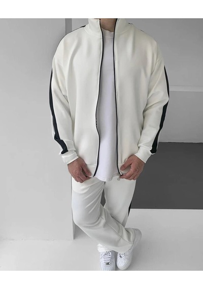 Moda Erkek Scuba Kumaş Oversize Şerit Detaylı Fermuarlı Alt Üst Eşofman Takımı - Beyaz Çok Renkli