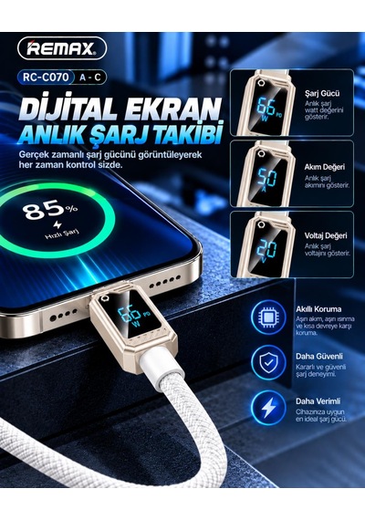 Remax Suxien Serisi Rc-c070-b 66w Akıllı Dijital Ekranlı Usb-a To Type-c Hızlı Şarj Ve Data Kablosu 1.2 Metre Beyaz