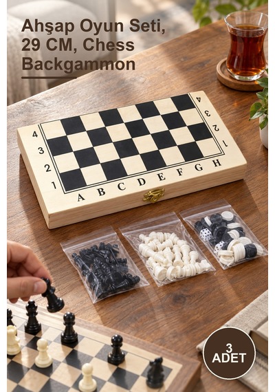 3 Adet Ahşap Kutulu Satranç Ve Tavla Seti Ahşap Oyun Seti, 29 Cm, Chess Backgammon