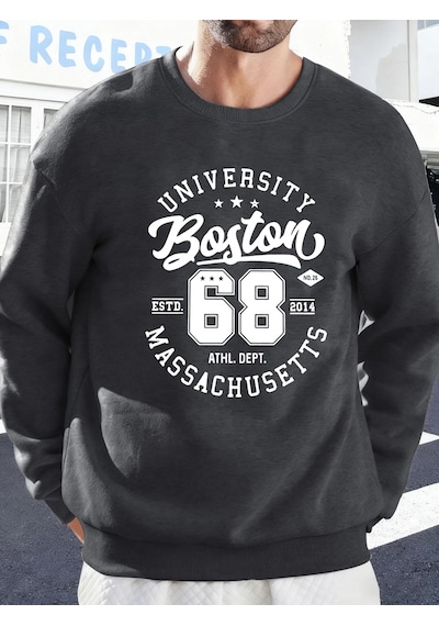 Üniversite Boston Massachusetts Baskılı Erkek Tişörtü Spor Bol Giysiler Yumuşak Rahat Kazakla Antrasit