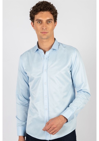 Tudors Modern Slim Fit Dar Kesim Düz Erkek Gömlek-23906 Mavi