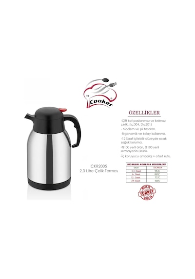 Cooker 2 Litre Lt Paslanmaz Inox Çelik Çay Termosu Ckr2005
