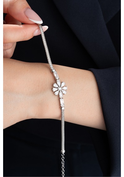 Çekirdekjewelry 925 Ayar Gümüş Zirkon Taşlı Çiçek Motifli Kadın Bileklik Gri