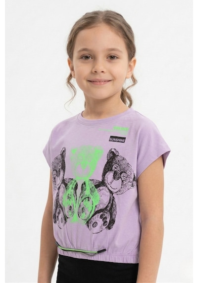 New Kids Ayıcık Baskılı Büzgü Detaylı Kısa Kol Kız Çocuk Tişört-91124 Lila