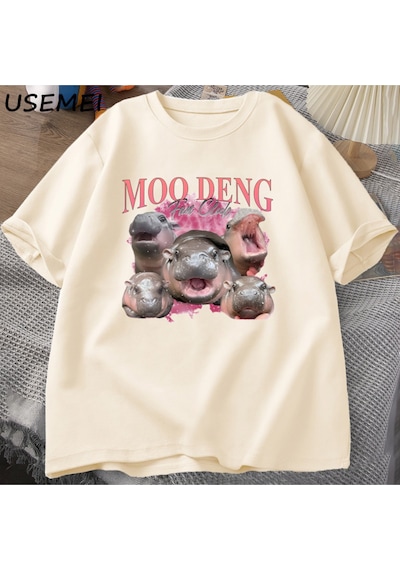 Flood Of Style Moo Deng Fan Kulübü T Shirt Erkekler Komik Pamuk Tayland Kısa Kollu T-shirt Erkek Tasarımcı K Haki