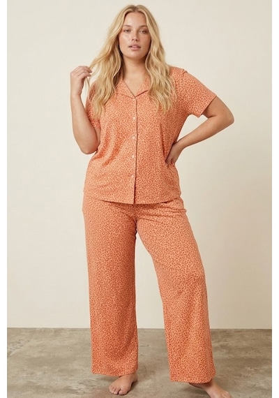 Siyah İnci Büyük Beden Battal Boy Düğmeli Örme Pijama Takım 8016 Somon Leopar