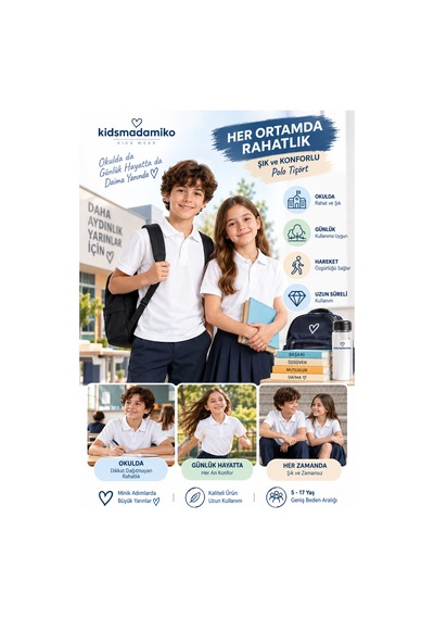 Kidsmadamiko Erkek Çocuk Kısa Kollu Okul Polo Yaka T-shirt 5-17 Yaş Bedenler Yaşlarla BEYAZ