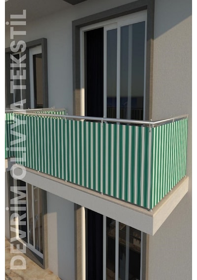 Devrim Olivya Tekstil Yeşil-beyaz Dört Tarafı Bağcıklı Balkon Demiri Perdesi - Her Ölçüde En X Boy Seçenekli Yeşil - Beyaz