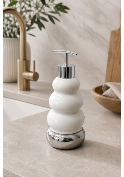 Trıo Dekoratif Premium 3 Boğumlu Sıvı Sabunluk 300 Ml Krom Görünümlü Pompalı Pastel Yeşil Banyo Ve Mutfak Sabun Dispenseri - 18,5 Cm X 7 Cm Beyaz