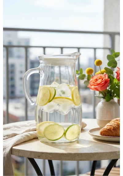 Lav Misket Cam Sürahi Tekli 1,8 L Kulplu Beyaz Plastik Kapaklı