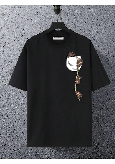 Startmore Cep Ayıcık Baskılı Oversize Unisex Pamuk Siyah