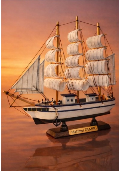 İsime Kişiye Özel Dekoratif Premium Ahşap El Yapımı Yelkenli Gemi Maketi 33x33 Cm Biblo Hediye 531-f Ahşap