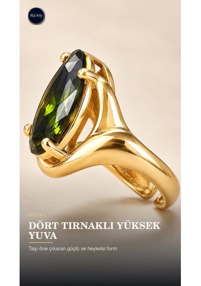 Riody Oil De Minuit Gold Kaplama Doğal Kedi Gözü Taşlı Açık Form Kadın Yüzük Altın Sarısı