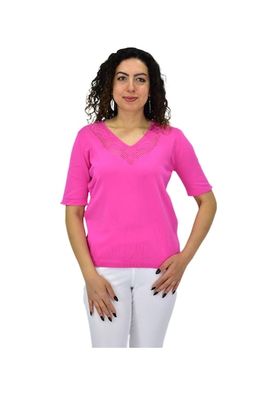 Kadın Yarım Kol V Yaka Yaka Sırt Detaylı Triko Tişöt 12835 Bgl-st04657 Pembe