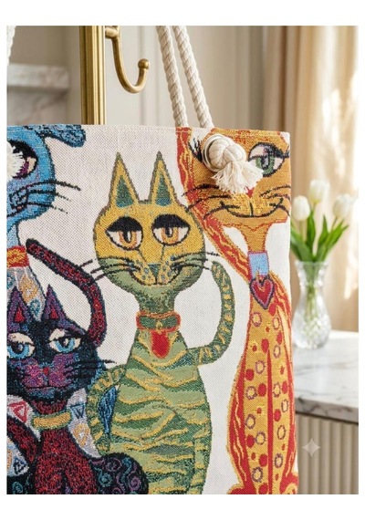 Genel Markalar Goblen Kadın Omuz Çantası+ Kedi Desen5 Krem.karışık Renkli Desenli