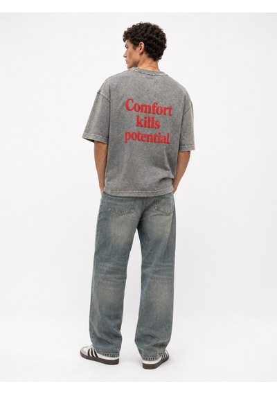 Respire Erkek Puf Baskılı Yıkamalı Oversize T-shirt Gri