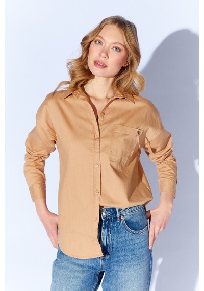 Manche Camel Broş Detaylı Oversize Tek Cepli Gabardin Gömlek Mkw168174-01