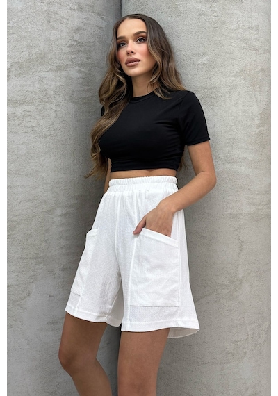 Lesa Wear Yüksel Bel Bol Kesim Keten Görünümlü Çift Cepli Şort Beyaz
