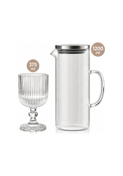 Porsima Borosilikat Metal Kapaklı Çizgili Cam Sürahi Ve 4'lü Ayaklı Meşrubat Kadehi Seti 1200 Ml Sürahi + 4x375 Ml Kadeh